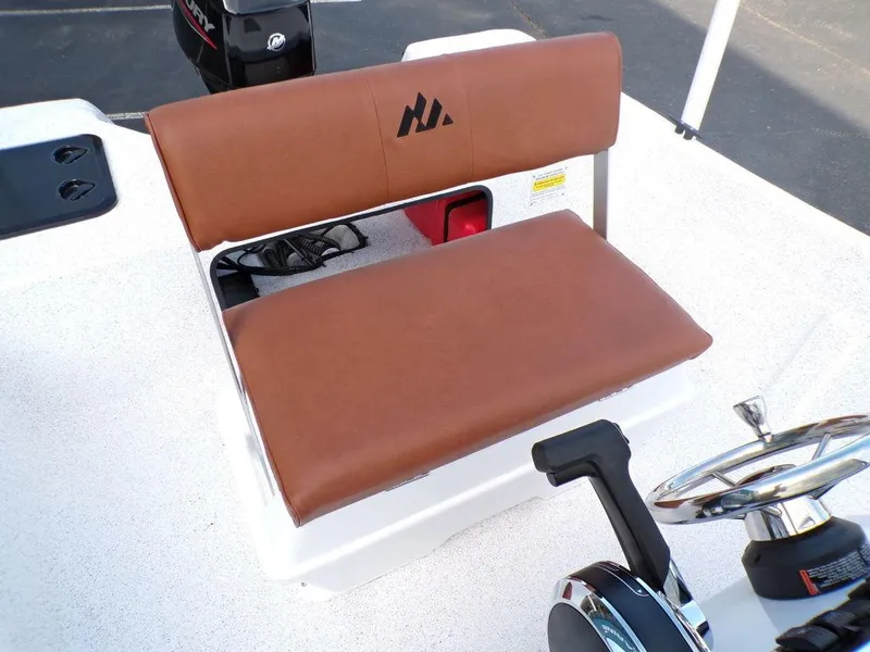 Slide: The Image of Minn Kota PowerDrive motor on 2024 Skiff 160 PRO-Vee boat, indoor showroom display. - 7