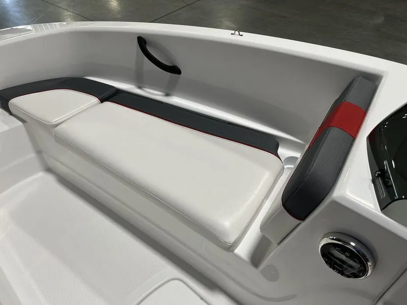 Slide: The Image of 2024 Tahoe T16 boat interior with white and black seating. - 13