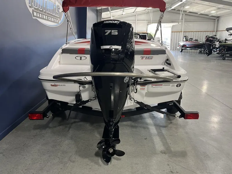 Slide: The Image of 2024 Tahoe T16 boat with Mercury 75 engine in showroom. - 4