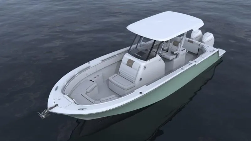 Slide: The Image of 2023 Bertram 28 CC boat on calm water. - 14
