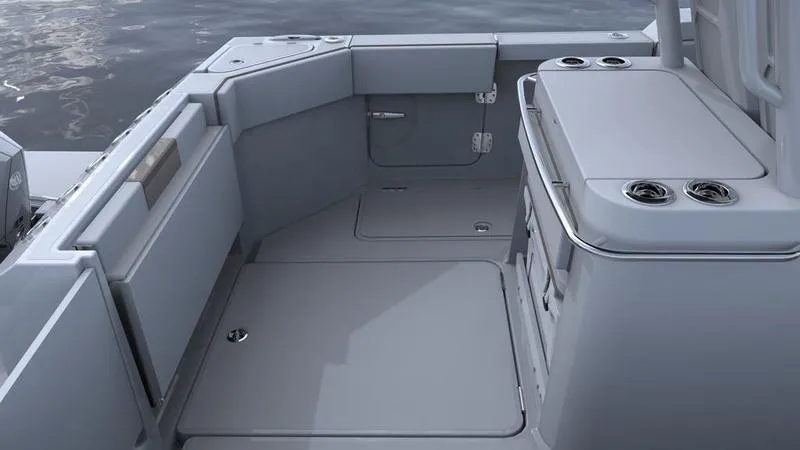 Slide: The Image of 2023 Bertram 28 CC boat interior, featuring a spacious deck and modern amenities. - 17