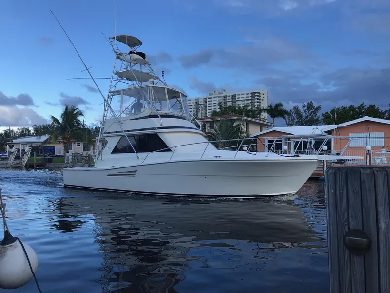 The Image of 1990 Viking 38 Convertible yacht docked near waterfront homes, under a cloudy sky. - 0