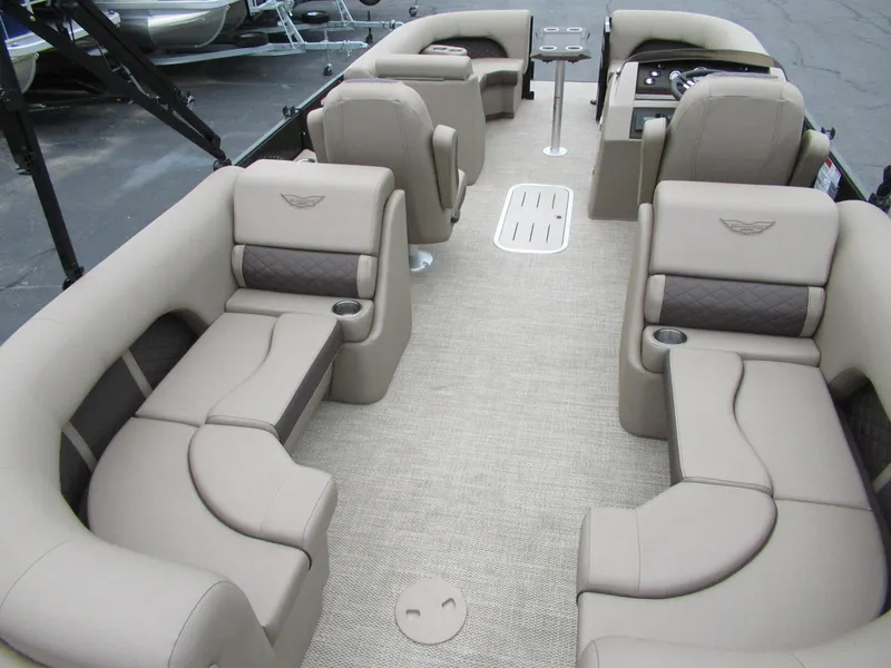 Slide: The Image of 2024 Bennington 22 LFB pontoon boat interior with luxurious seating and modern design. - 4