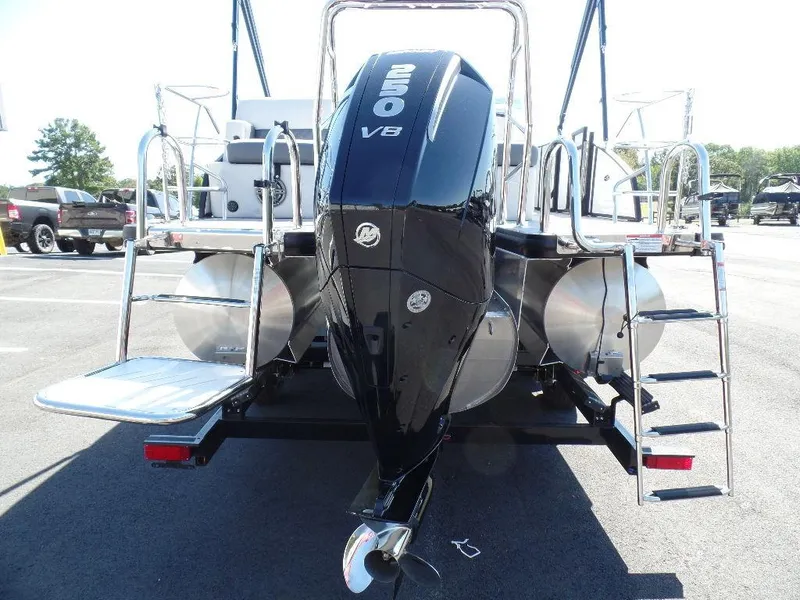 Slide: The Image of 2024 Harris Sunliner 230 pontoon boat with a powerful 250 V8 engine. - 3