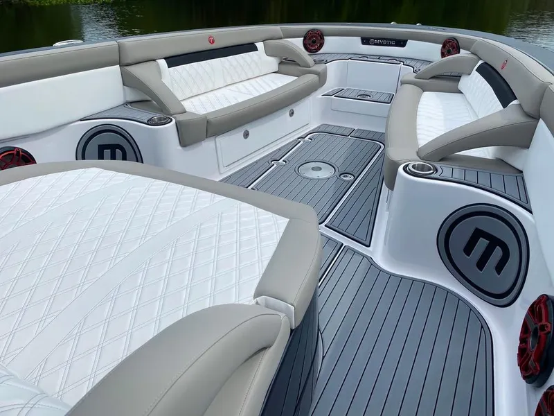 Slide: The Image of 2020 Mystic Powerboats M4200 interior with luxurious seating and modern design. - 30