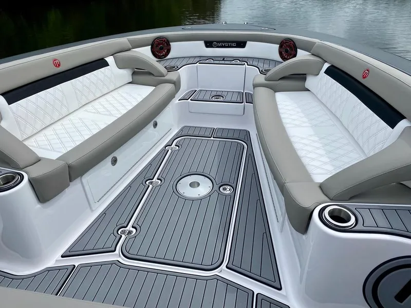 Slide: The Image of 2020 Mystic Powerboats M4200 interior with luxurious seating and sleek design. - 31