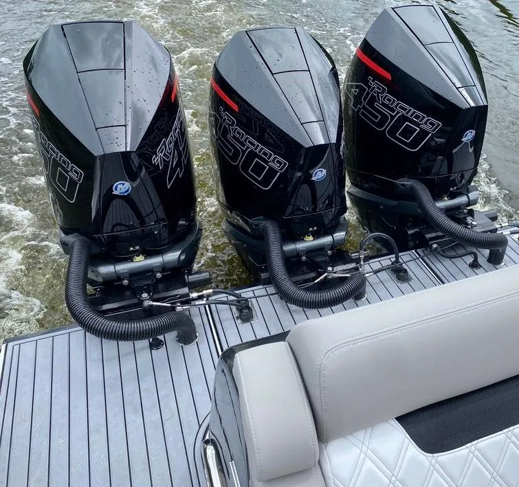 Slide: The Image of Triple Mercury Racing 450 engines on a 2020 Mystic Powerboats M4200. - 7