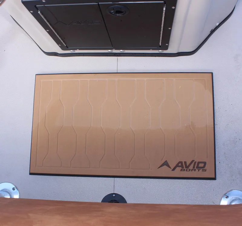 Slide: The Image of Avid ROGUE 2024 boat interior with branded mat and storage compartment. - 14