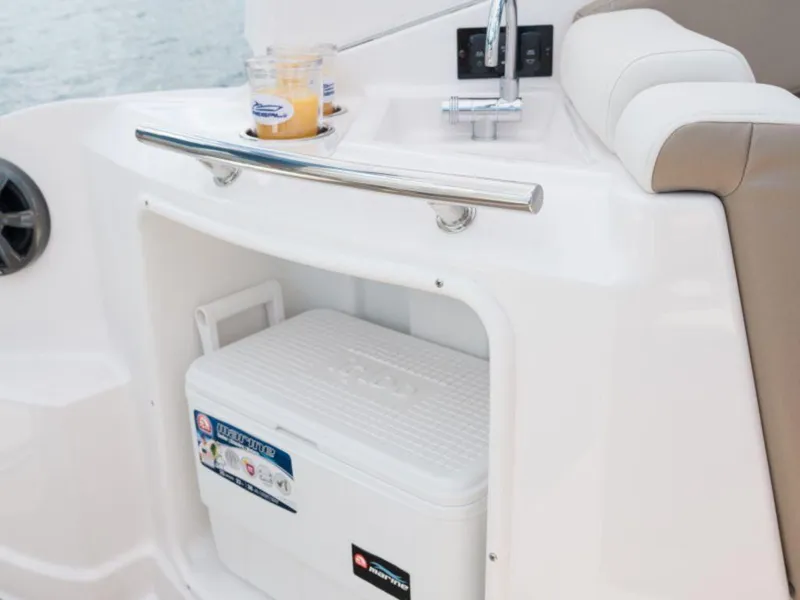 Slide: The Image of 2024 Regal 28 Express boat interior with sink and cooler storage. - 9
