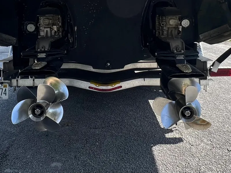 Slide: The Image of 2014 Regal 35 Sport Coupe dual propellers on trailer. - 44