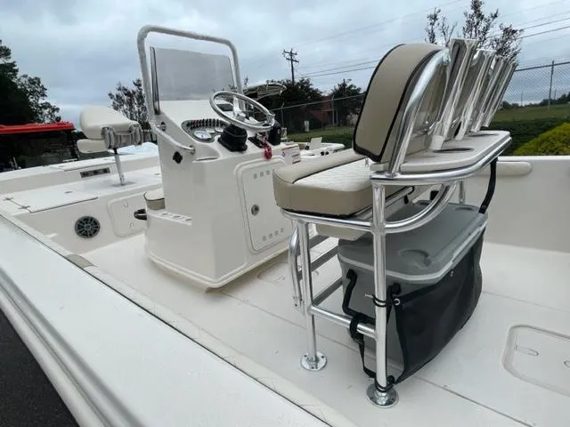 Slide: The Image of 2024 Carolina Skiff 19LS boat interior with helm, seating, and storage. - 6
