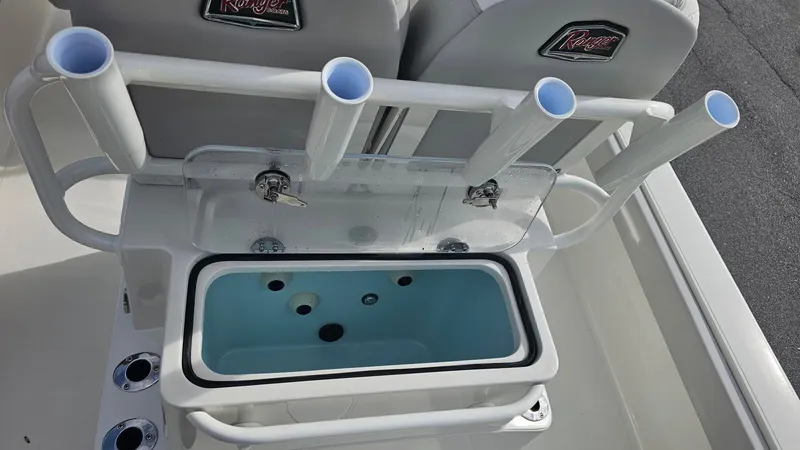 Slide: The Image of 2024 Ranger 2510 Bay boat with rod holders and livewell. - 7