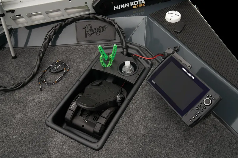Slide: The Image of 2024 Ranger RT188 boat dashboard with Minn Kota Ultrex trolling motor and Humminbird fish finder. - 31