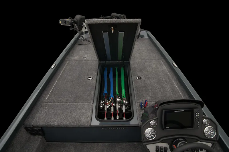 Slide: The Image of 2024 Ranger RT188 boat with open rod storage compartment and control console. - 39