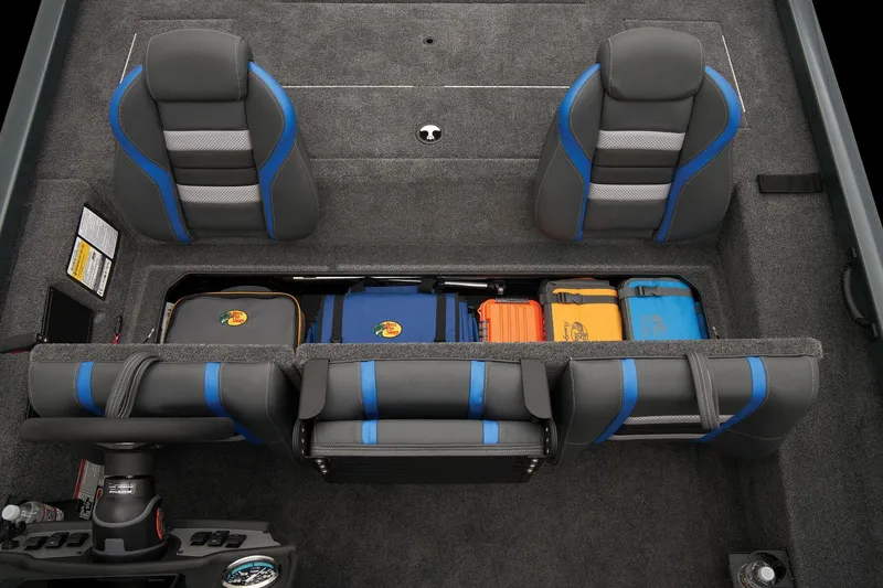 Slide: The Image of 2024 Ranger RT188 boat interior with storage compartments and seating. - 53