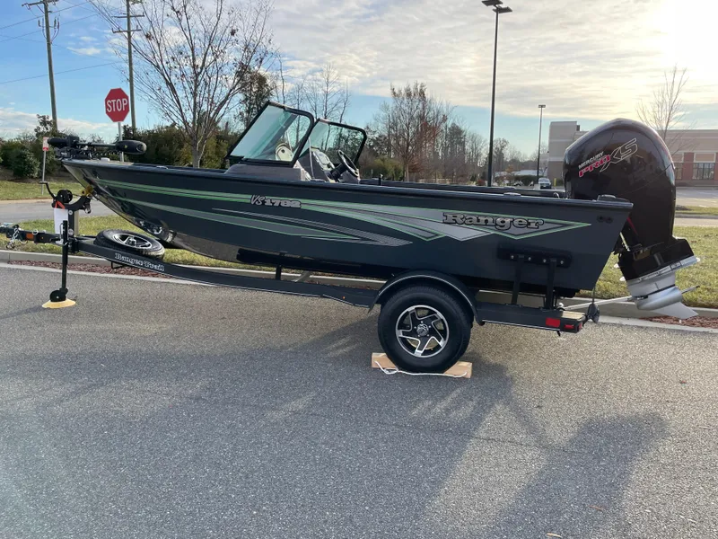 The Image of 2024 Ranger VS1782SC Reata fishing boat on a trailer in a parking lot. - 0
