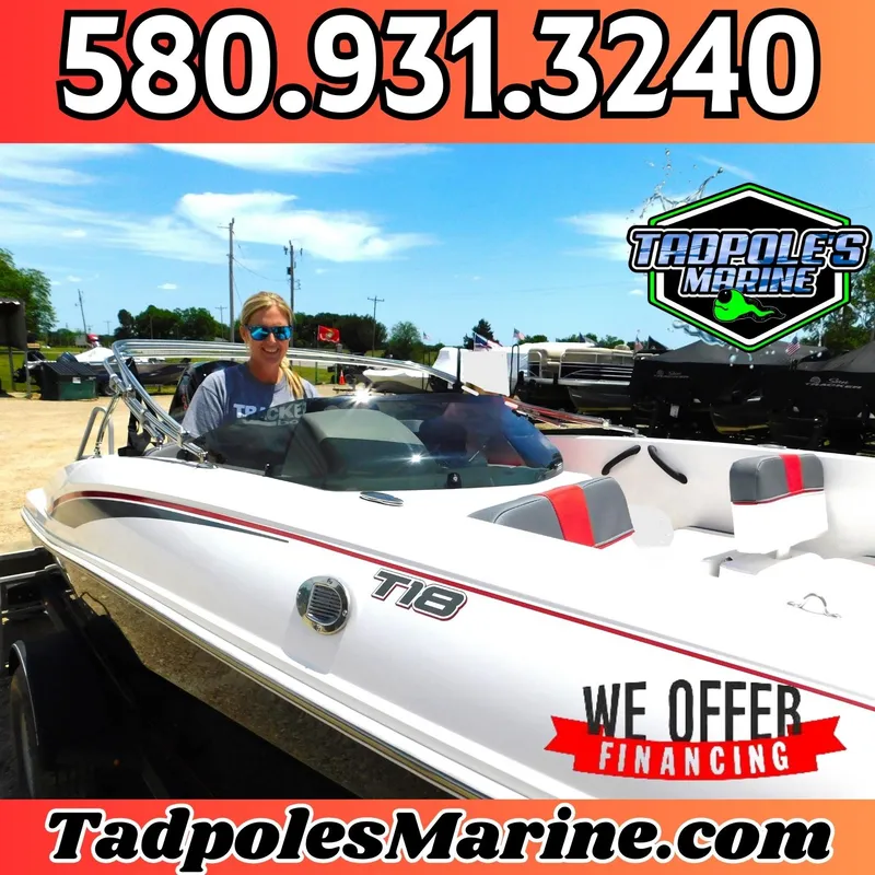 Slide: The Image of 2024 Tahoe T18 boat at Tadpoles Marine, offering financing options. - 1