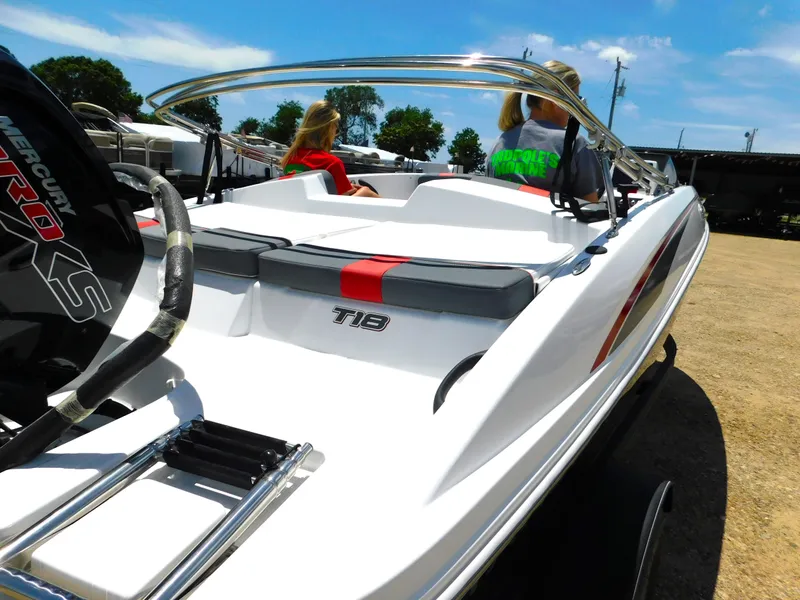 Slide: The Image of 2024 Tahoe T18 boat with passengers, docked on a sunny day. - 15