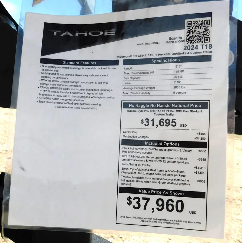 Slide: The Image of 2024 Tahoe T18 boat specifications and pricing sheet on display. - 18