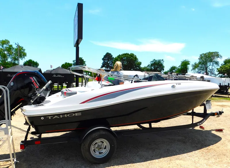Slide: The Image of 2024 Tahoe T18 boat on a trailer in an outdoor setting. - 3