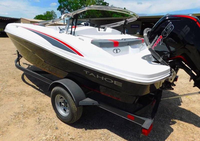 Slide: The Image of 2024 Tahoe T18 boat on trailer with outboard motor. - 38
