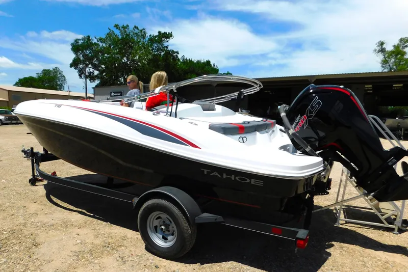 Slide: The Image of 2024 Tahoe T18 boat on trailer with outboard motor. - 4