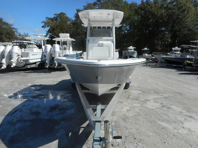 Slide: The Image of 2024 Sea Fox 251 BAYFOX boat on trailer, front view, in a boatyard. - 3