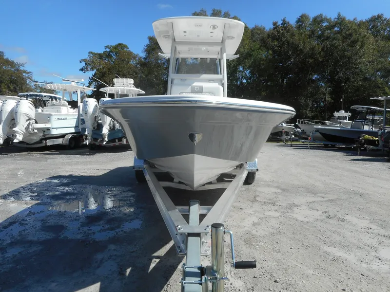 Slide: The Image of 2024 Sea Fox 251 BAYFOX boat on trailer, front view. - 4