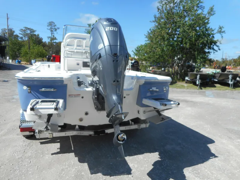 Slide: The Image of 2024 Sea Fox 231 BAYFOX boat with 200 HP outboard motor, rear view. - 4