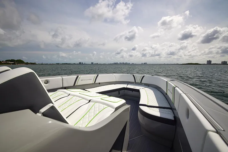 Slide: The Image of 2022 Midnight Express 43' Solstice boat interior with ocean view. - 13