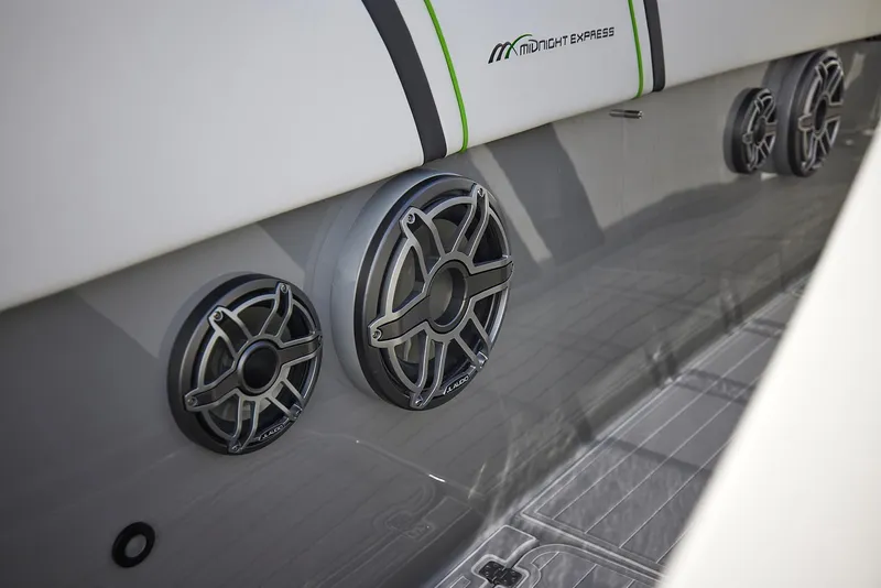 Slide: The Image of 2022 Midnight Express 43' Solstice boat speakers and sleek design details. - 14