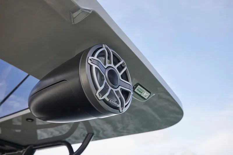 Slide: The Image of Outdoor speaker on 2022 Midnight Express 43' Solstice boat, mounted under canopy. - 23