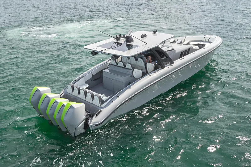 Slide: The Image of 2022 Midnight Express 43' Solstice boat cruising on open water. - 7