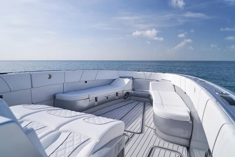 Slide: The Image of Luxurious seating area on a 2021 Midnight Express 43' Open boat. - 11