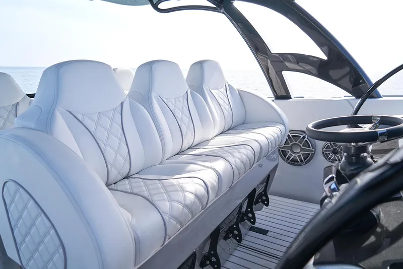 Slide: The Image of Luxurious seating in the 2021 Midnight Express 43' Open boat. - 15