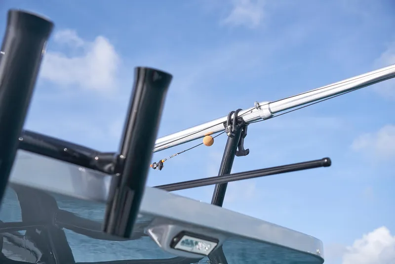 Slide: The Image of Close-up of fishing rod holders on a 2021 Midnight Express 43' Open boat. - 18