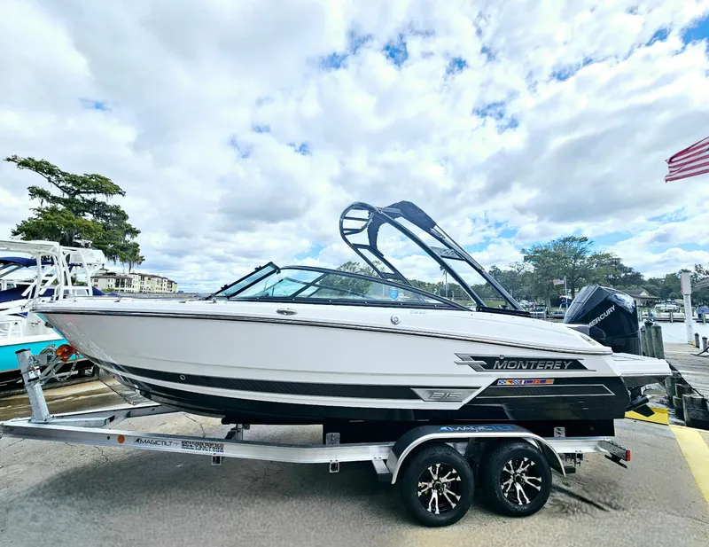 Slide: The Image of 2024 Monterey 215SS boat on a trailer at a marina. - 2