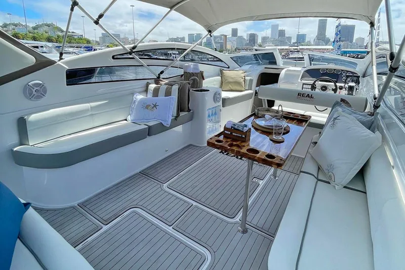 Slide: The Image of Luxurious 2023 Real 35 Special Deck (SD) yacht interior with city skyline view. - 7