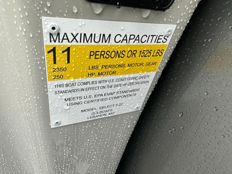 Slide: The Image of 2024 SunCatcher Select 322RC boat capacity label, 11 persons or 1525 lbs, 250 HP motor. - 16