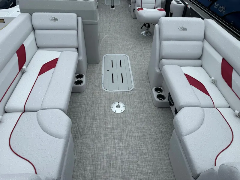 Slide: The Image of 2024 SunCatcher Select 322RC pontoon boat interior with white and red seating. - 7