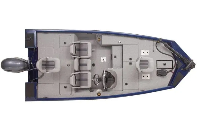 Slide: The Image of 2023 G3 1710 PFX fishing boat, top view, gray interior, blue exterior. - 2