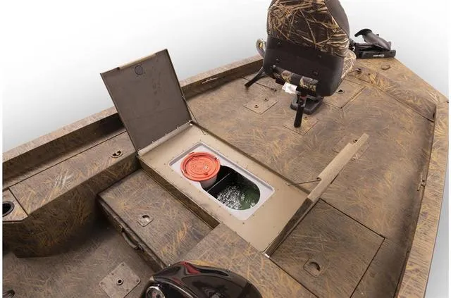 Slide: The Image of 2023 G3 1710 PFX boat interior with storage compartment and fishing seat. - 7