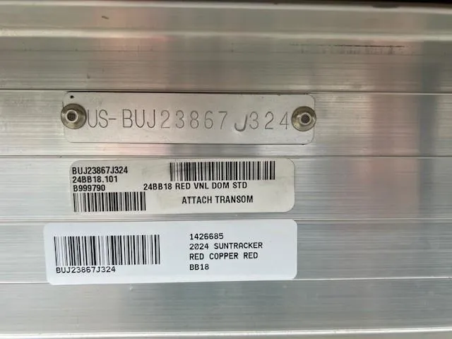 Slide: The Image of 2024 Sun Tracker Bass Buggy 18 DLX identification plate with serial numbers and model details. - 5