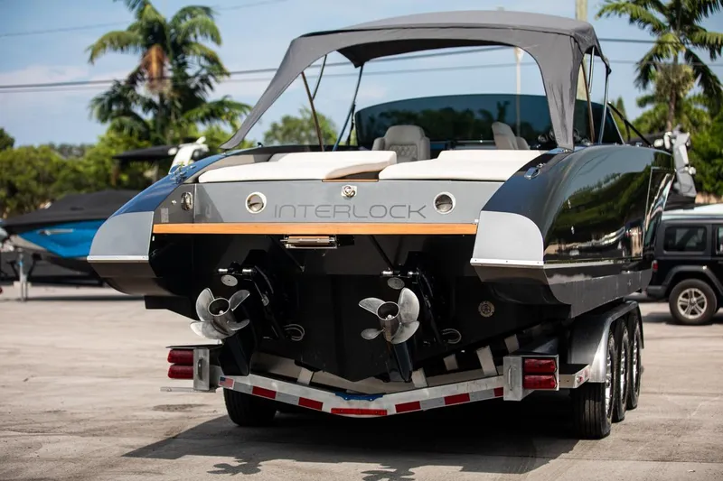 Slide: The Image of 2020 Frauscher 1017 GT boat on a trailer, rear view. - 20