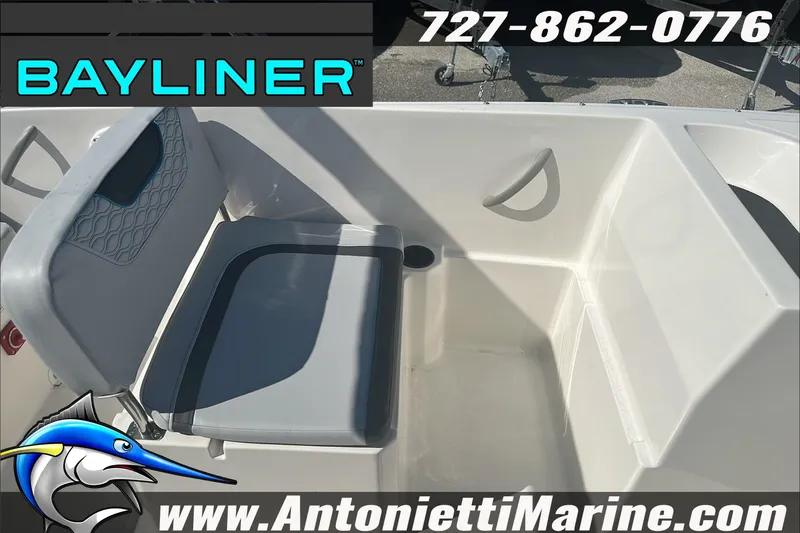 Slide: The Image of 2024 Bayliner Element M19 boat interior with seating, showcased by Antonietti Marine. - 14