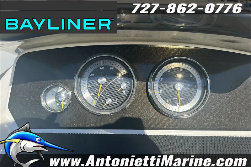 Slide: The Image of Dashboard of 2024 Bayliner Element M19 boat with gauges and branding. - 18