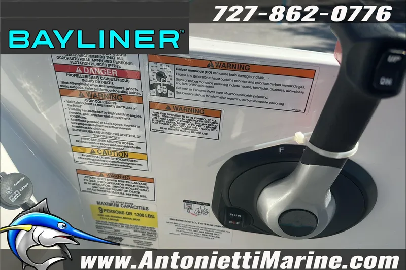 Slide: The Image of 2024 Bayliner Element M19 boat controls with safety warnings and contact information. - 21
