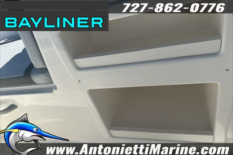 Slide: The Image of 2024 Bayliner Element M19 boat interior with storage compartments, featuring Antonietti Marine branding. - 22
