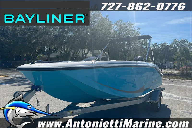 Slide: The Image of 2024 Bayliner Element M19 boat on trailer at Antonietti Marine dealership. - 4