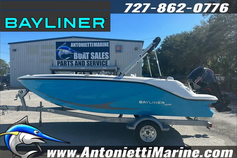 Slide: The Image of 2024 Bayliner Element M19 boat on trailer at Antonietti Marine dealership. - 5